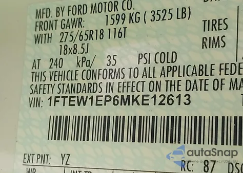 2021 Ford F-150 Lariat из США, поврежденный, VIN 1FTEW1EP6MKE12613